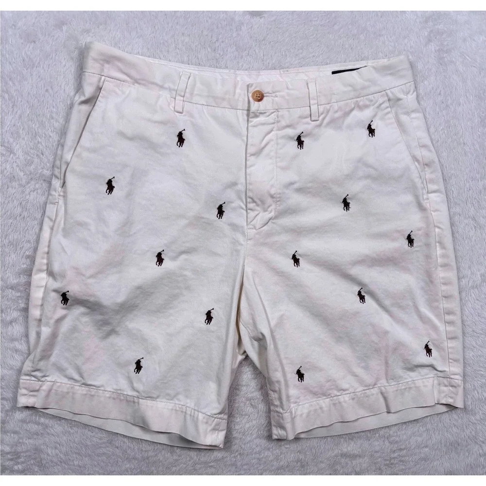 Polo Ralph Lauren Shorts Chinos Mens 33‎ White All Over PONY OGO Classic Preppy